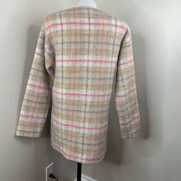 Bernardo Collarless Plaid Topper Full Zip Wool Blend Jacket Womens Sz S Pink Tan - Picture 7 of 9